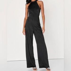 New with tags lulus black satin elegant love backless jumpsuit size small